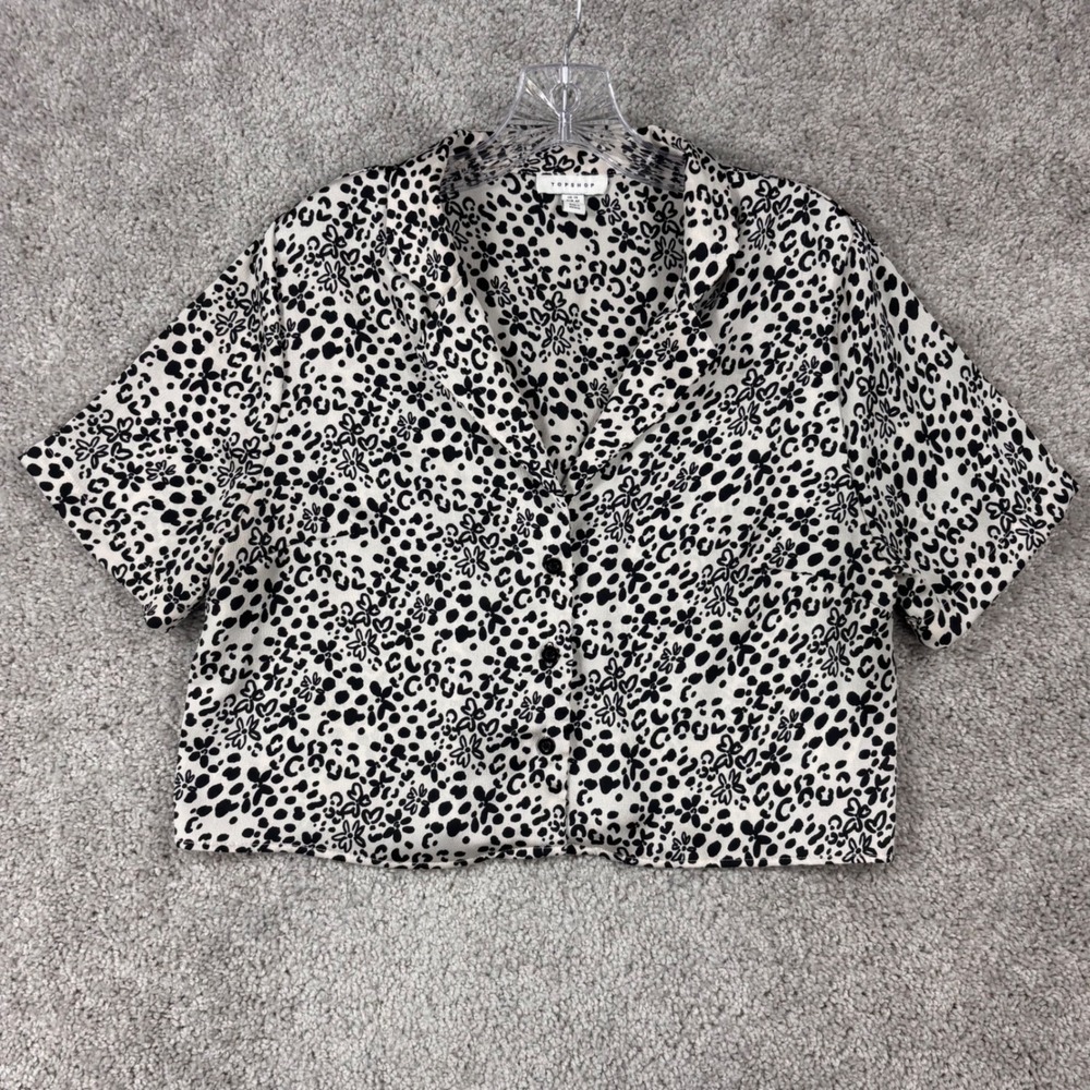 Topshop Womens Black White Floral Leopard Print Cropped Button Down Shirt US 10